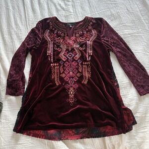 Caleesa Tunic Top Embroidered Velvet Burnout Burgundy Boho Mixed Media PS